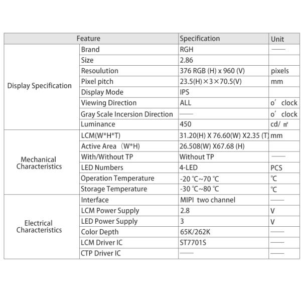 376x960 2.8 Inch TFT Display Module MIPI RGB Interface For Headset AR VR