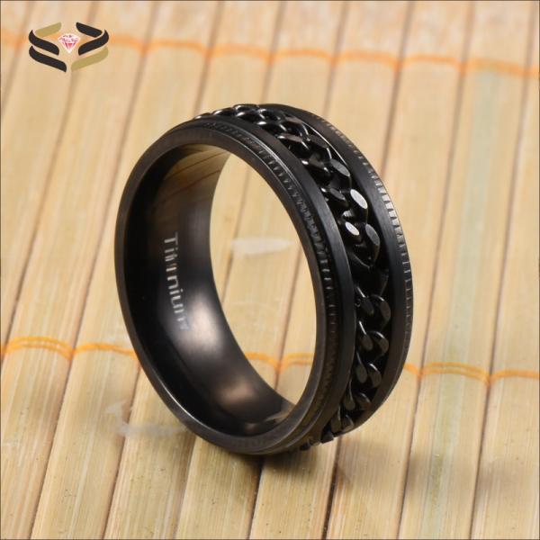 Gear Step Edge Black Titanium Rings Stainless Steel Chain Braided Inlay 8mm