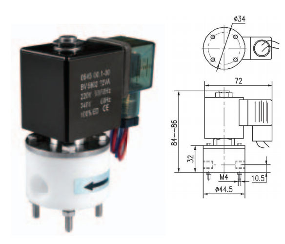 PTFE Solenoid Valve with Max.+60℃ Ambient Temperature 5℃～150℃ Medium Temperature and M8×1 G1/8 M6 1/4UNF-28 Linkage