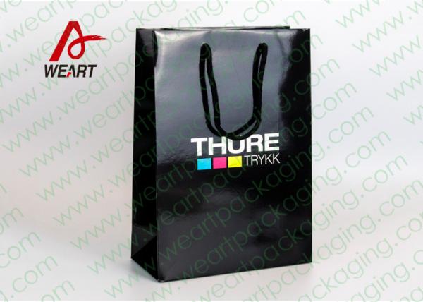 Quality CMYK Logo Black Custom Paper Shopping Bags With Handle Glossy Lamination wholesale