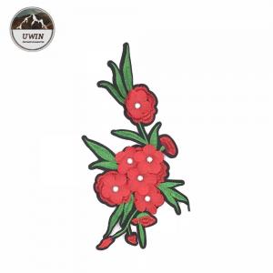 Cheap Red Flower Patch with Rhinestone Woven Patch Custom Pvc China Manufacturer Cheap Iron-on Embroidery Applique for Cloth for sale