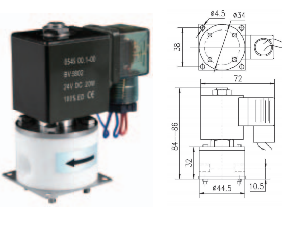 PTFE Solenoid Valve with Max.+60℃ Ambient Temperature 5℃～150℃ Medium Temperature and M8×1 G1/8 M6 1/4UNF-28 Linkage