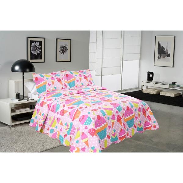 Cake Pattern Printed Quilt Set Washable 240x260 / 260x280cm Bed Cover Sizes