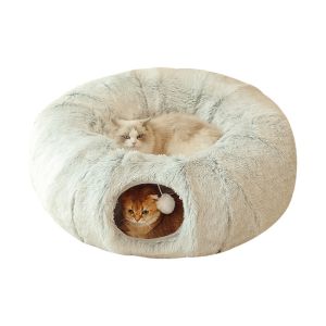 China Winter Cat Tunnel Bed Round Plush Warm Foldable Donut Tunnel Cat Bed Pet Nest on sale