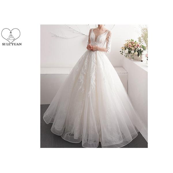 Quality Half Sleeve Lace Ball Gown Wedding Dress Off White Beading V - Neck Back Bandage Floor Length Dress wholesale