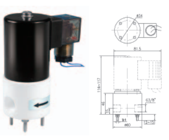 PTFE Solenoid Valve with Max.+60℃ Ambient Temperature 5℃～150℃ Medium Temperature and M8×1 G1/8 M6 1/4UNF-28 Linkage