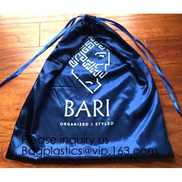 Large Dark Navy Blue Satin Dust Bag With Drawstring,Thick Black Satin Pouch With Gold Printing, bag with Printed Ribbon