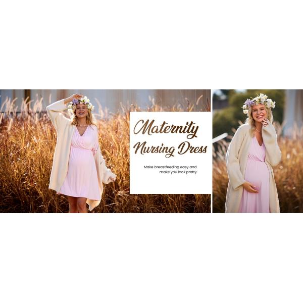 Comfortable Pink Maternity Dress Breathable Sleepwear For Breastfeeding
