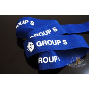 China Custom Blue Ribbon With White Printing  Woven Medal Ribbons Medal Lanyards For Events on sale