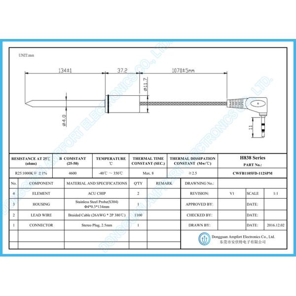 98.63K 1% 100K Ohm BBQ Temperature Sensor Grill Ambient Temperature Probe 350C