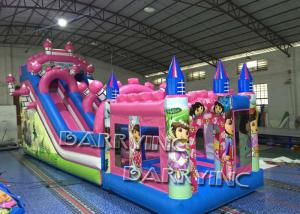 China Pink Dora Cartoon Commercial Inflatable Slide With Bouncy Castle / Bouncy Slide on sale