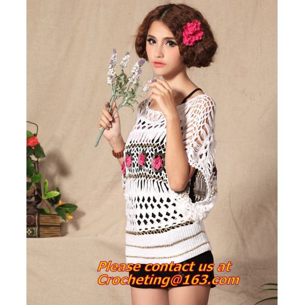 Handmade Crochet Multicolour Three-Dimensional Rose Cutout Knitted Sweater Pull Over Women