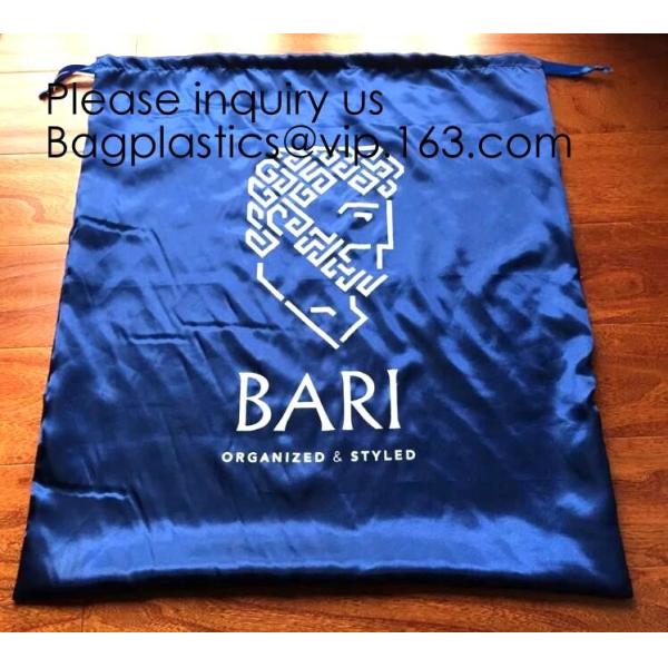 Large Dark Navy Blue Satin Dust Bag With Drawstring,Thick Black Satin Pouch With Gold Printing, bag with Printed Ribbon