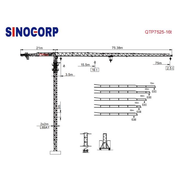 50m Flat Top Tower Crane Lift Capacity 16 Ton