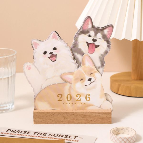 Simno 2026 Pet Themed 3D Cat & Dog Shaped Cute Pet Desk Calendar Kawaii Animal Themed Desktop Schedule Planner
