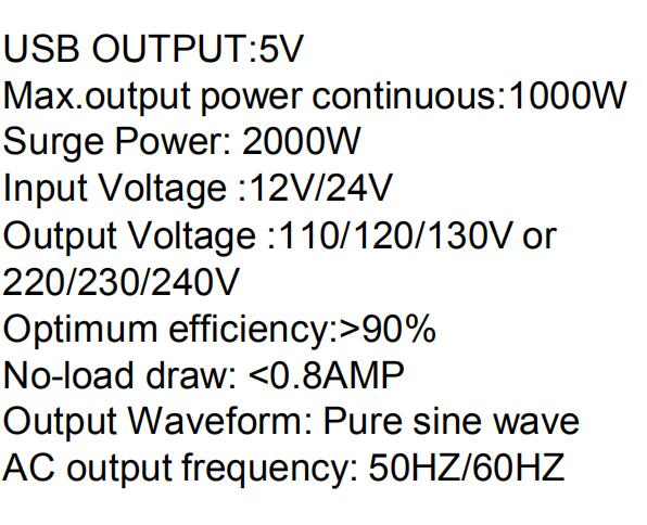 Pure Sine Wave Inverter 1000W DC to AC