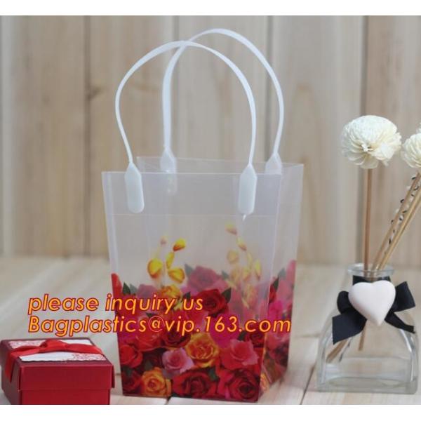 Customized square shape flower pattern long handle PP gift bag,flower vase, disposable flower plastic bag, plastic folda