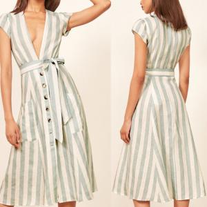 Cheap Boho Ladies Sex Linen Stripe Midi Dresses With Pocket Dress for Women for sale