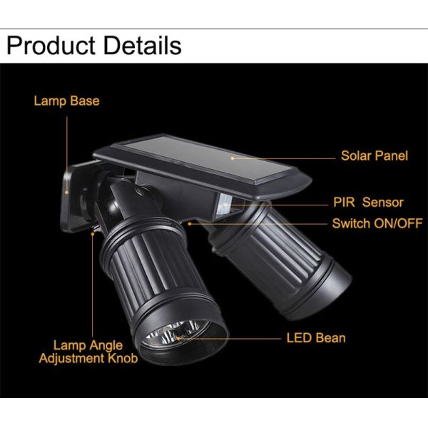 Dual Head LED Solar Flood Light With Adjustable Brightness For Garden