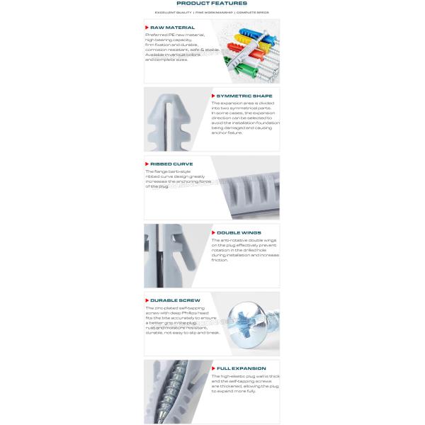 Expandable Plastic Wall Plugs (Screw Anchors, Drywall Anchors) Gray, Red or Blue Ø10 x 50mm 100pcs with Ø6~8mm Screws for Home Decor