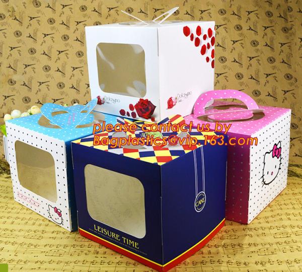 Quality decorative personalized paper cake boxes, Custom artpaper handle cake box with PVC window, wedding cake boxes with handl wholesale