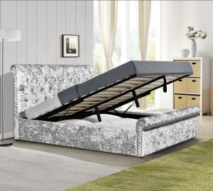 China Crush Velvet  Gas Lift Storage Bed OEM Silver Upholstered Double Bed Frame on sale
