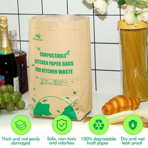 100% Biodegradable Square Bottom Kraft Paper Garbage Bags for Food Waste 50 Lb Capacity