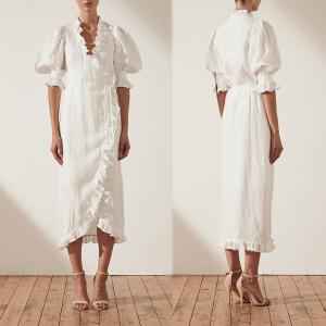 Cheap Linen Puff Sleeve Wrap Midi Elegant Dress Cotton Ladies for sale