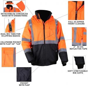 Cheap Full Zip Padding Orange Bomber Hi Vis Waterproof Jacket Soft Fleece Lining for sale