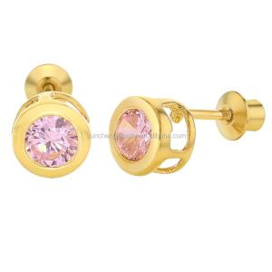 Handmade 4mm Clear CZ Gold Plated Stud Earrings for Baby Children 925 Silver