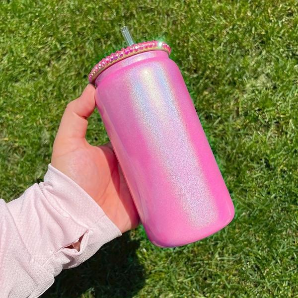16oz Glitter Iridescent Glass Water Tumbler glass drinking bottle with bamboo lid For Iced Coffee Beer Juice Soda