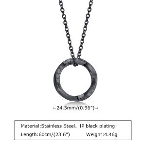 OEM Stainless Steel IP Black Plated Round Pendant Necklace with Roman Numerals Corrosion Resistant