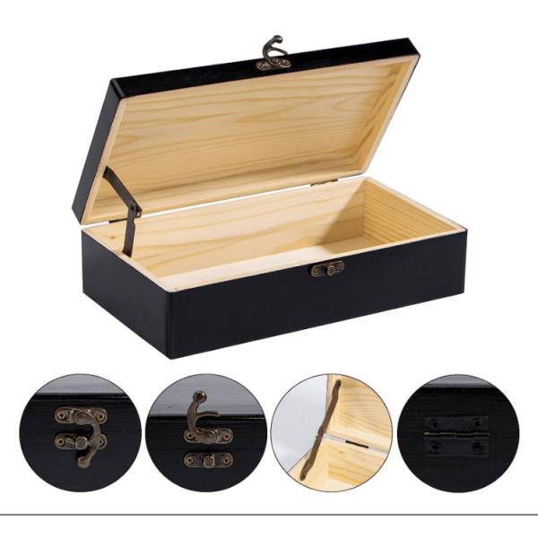 Rectangle Black Wooden Storage Box With Hinged Lid 9.7x5.5x2.7Inch