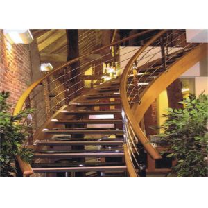 Cheap Clear Finish 38mm Wood Tread Building Curved Stairs With 4mm Cable Railing for sale