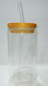 Cheap Water Transparent Glass Bottle With Straw Bamboo Lid for sale