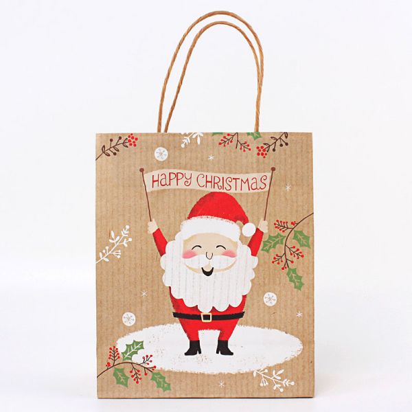 OEM Ultraportable Kraft Paper Christmas Bags , Recycled Paper Treat Bags With Handles