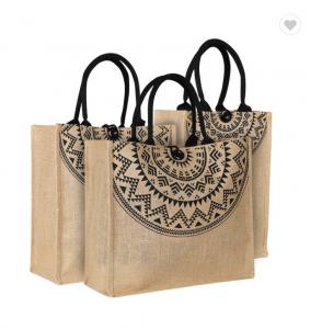 China Customized Canvas Button Printed Jute Bags With Logo Natural Black Beach Laminated on sale