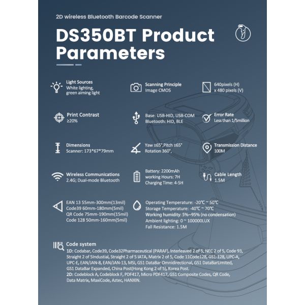 New Wireless2.4G+ Blue Tooth 2D Barcode Scanner Qr Code Reader with Charging Base for Retail Supermarket 2 Years Warrtary