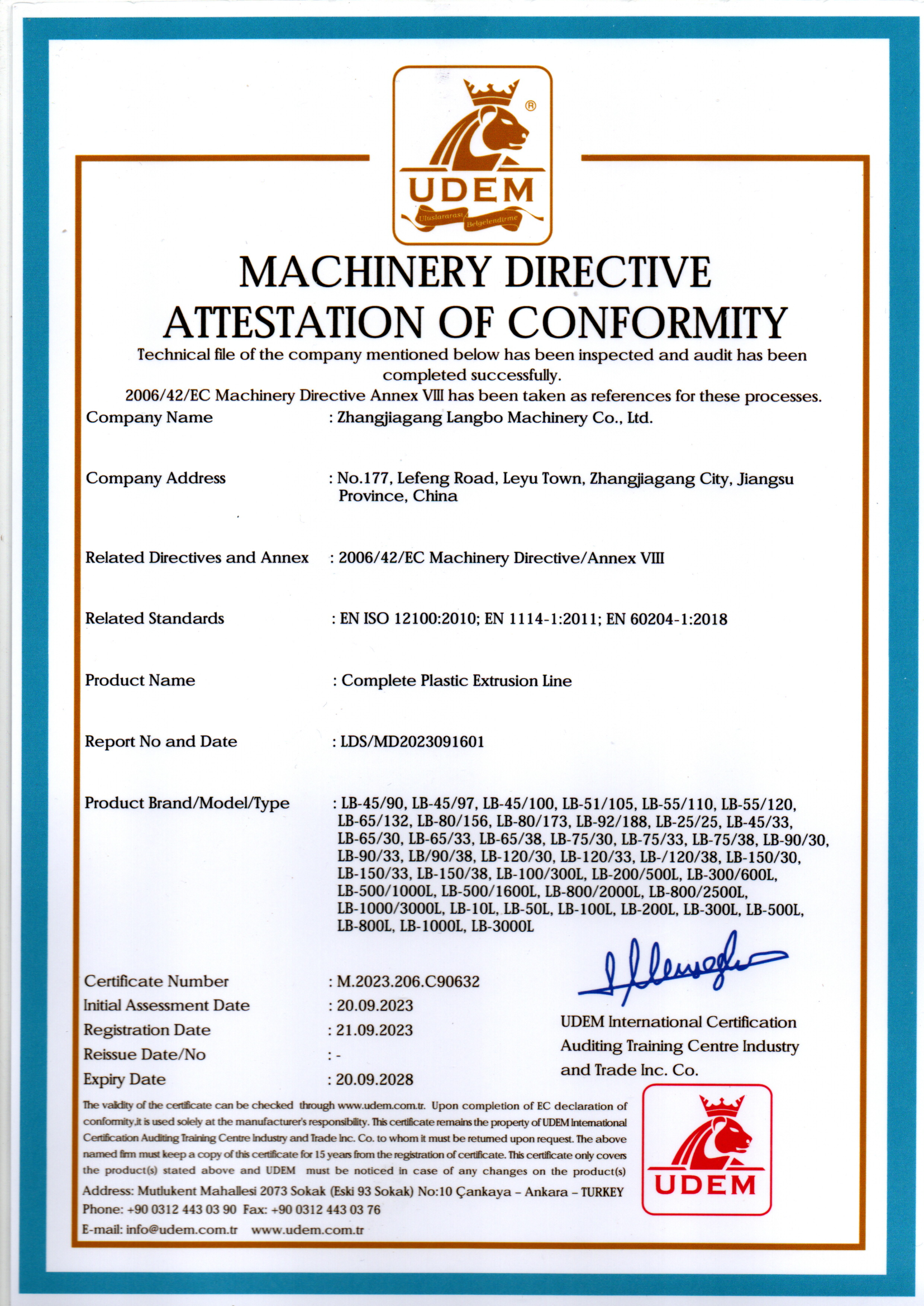 Zhangjiagang Langbo Machinery Co. Ltd. Certifications