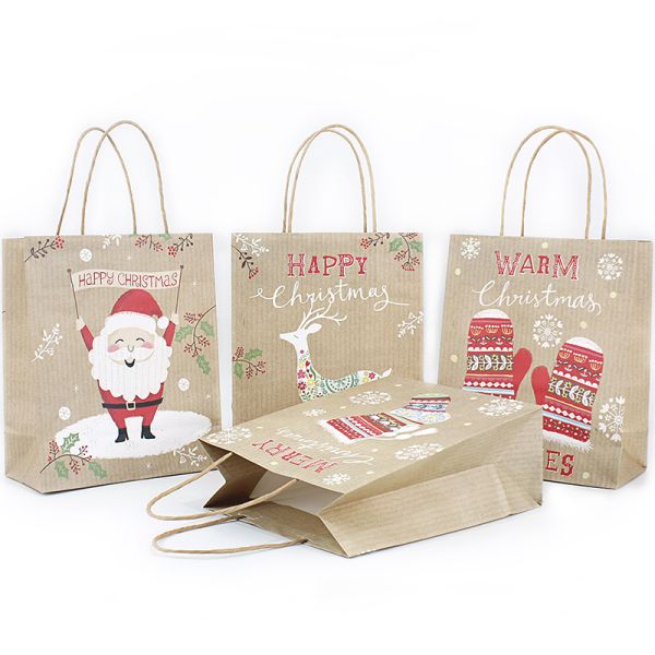 OEM Ultraportable Kraft Paper Christmas Bags , Recycled Paper Treat Bags With Handles