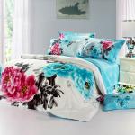 Blue Color Polyester Bed Set , Embroidered Flower Printed Bedding Sets