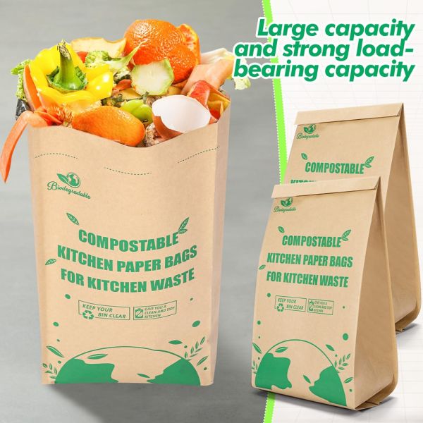 100% Biodegradable Square Bottom Kraft Paper Garbage Bags for Food Waste 50 Lb Capacity