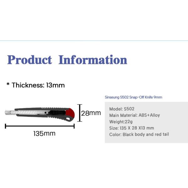 Snap Off Knife Blades 9mm 18mm Sinseung S502 Autolock Antislip Function