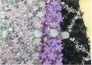 Cheap 3D Flower Embroidered Stretch Mesh Fabric , Coloured Tulle Lace Fabric for sale