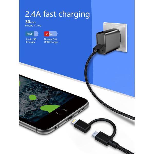 2 IN 1 USB Nylon Braided Charging Cable , 6Ft 2.4 Amp Data Cable