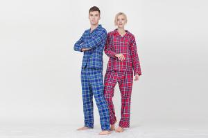 Cheap Lovers Pyjamas Cotton Yarn Dyed Check Flannel Long Sleeve Long Pants Satin Piping Pocket Satin Fabric Covered Buttons for sale