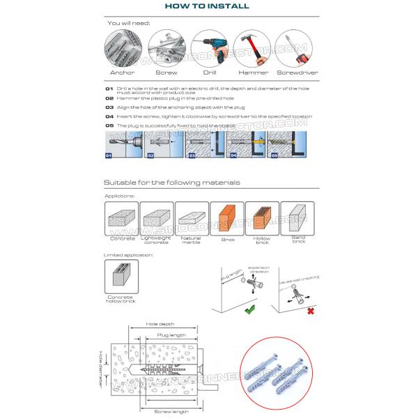 Expandable Plastic Wall Plugs (Screw Anchors, Drywall Anchors) Gray, Red or Blue Ø10 x 50mm 100pcs with Ø6~8mm Screws for Home Decor