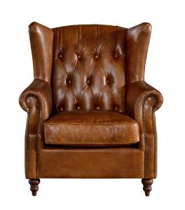 Georgian Style High Backed Winged Leather Chairs , Brown Leather Armchair Deep Buttoned Back