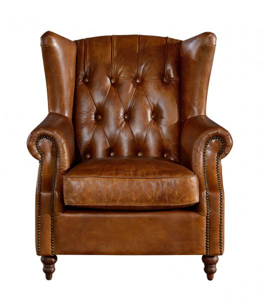 Quality Georgian Style High Backed Winged Leather Chairs , Brown Leather Armchair Deep Buttoned Back wholesale