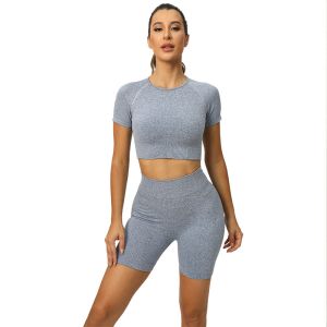 Buy cheap Short-sleeved yoga suit sexy high-waisted abs short-style yoga suit movement from wholesalers